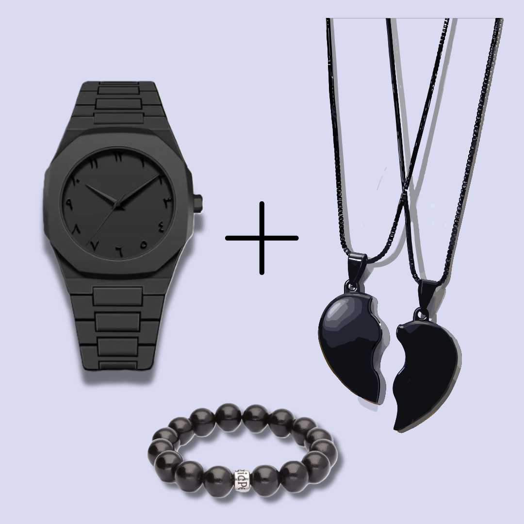 Bond Beyond Time: Aura Watch + Couple Broken Black Heart Necklace Set